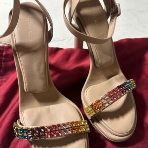 Tamara Mellon Cream Sandals with Elegant Crystal Strap